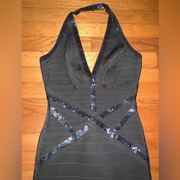 Herve Leger Kaitlyn Sequin Bandage Halter neck Mini Dress Army Green Small - Picture 7 of 7